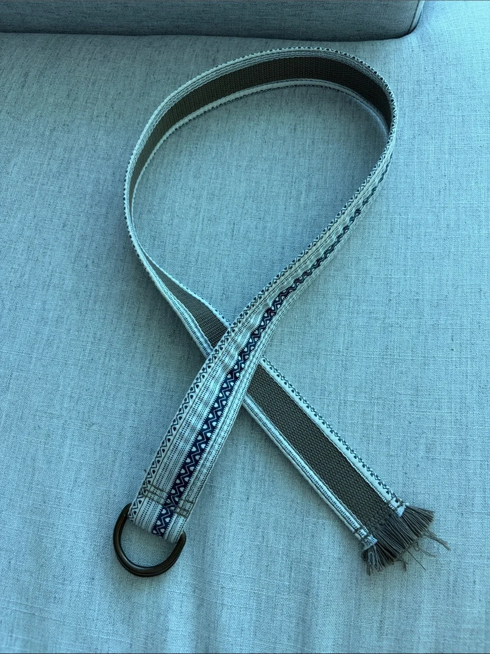 Woven Double-Ring Fabric Belt in Brown, White and Navy with fringe at the end